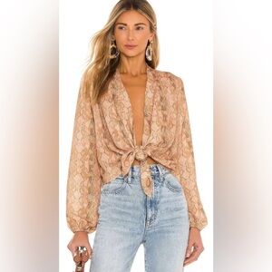 NWT RESA Luna Blouse In Boa, Snake Print Tie-Front Blouse, Beige, Long Sleeve, M